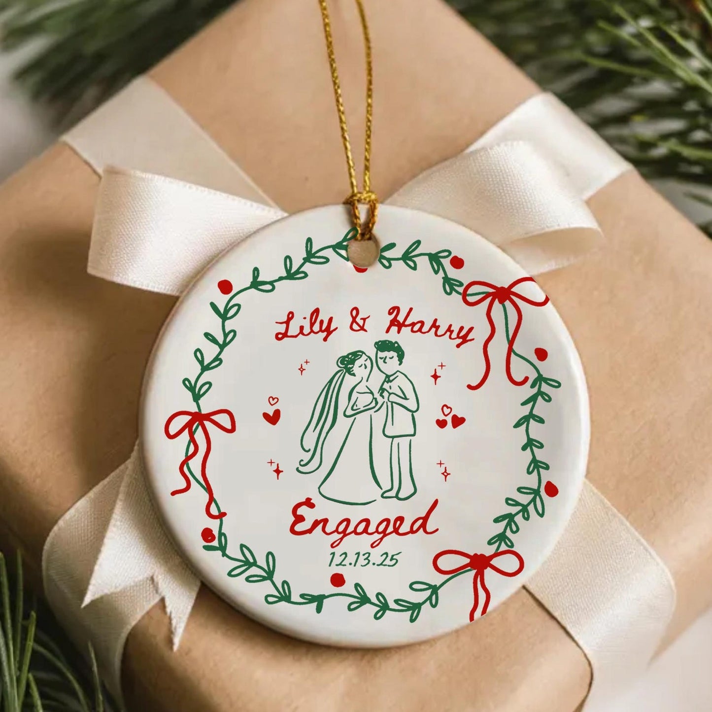 2 Sided Ceramic Ornament, Our First Christmas Engaged, Personalized Engagement Gift for Couples