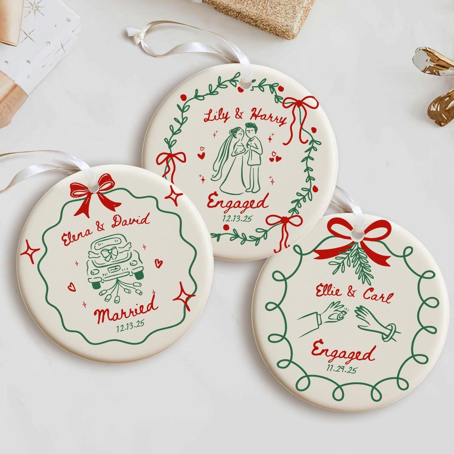 2 Sided Ceramic Ornament, Our First Christmas Engaged, Personalized Engagement Gift for Couples
