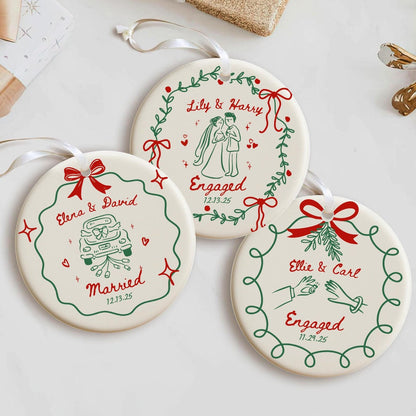 2 Sided Ceramic Ornament, Our First Christmas Engaged, Personalized Engagement Gift for Couples