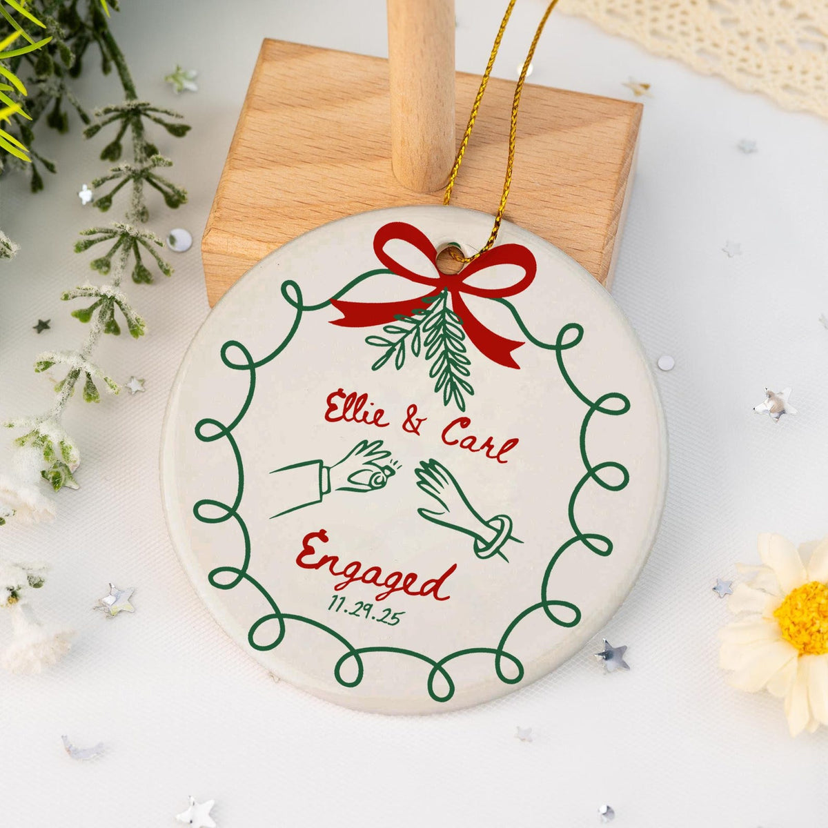 2 Sided Ceramic Ornament, Our First Christmas Engaged, Personalized Engagement Gift for Couples