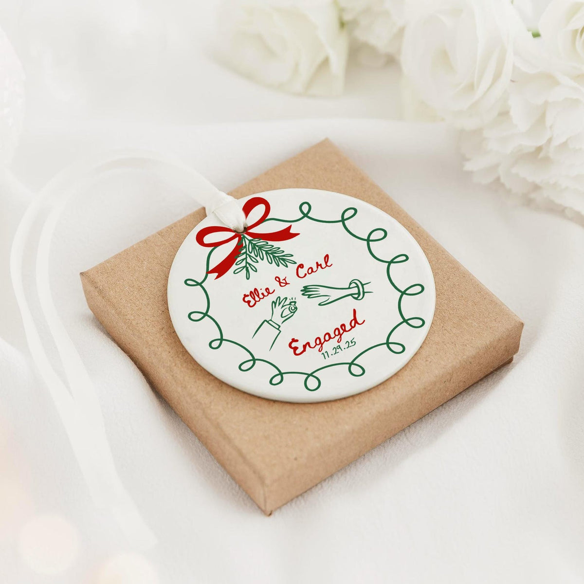 2 Sided Ceramic Ornament, Our First Christmas Engaged, Personalized Engagement Gift for Couples