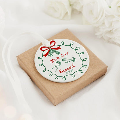 2 Sided Ceramic Ornament, Our First Christmas Engaged, Personalized Engagement Gift for Couples