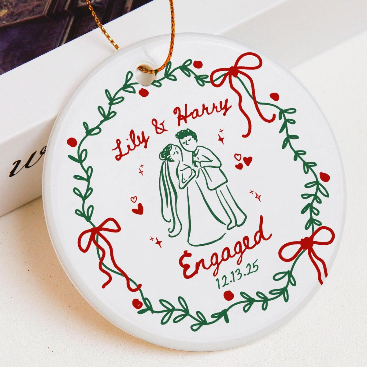 2 Sided Ceramic Ornament, Our First Christmas Engaged, Personalized Engagement Gift for Couples