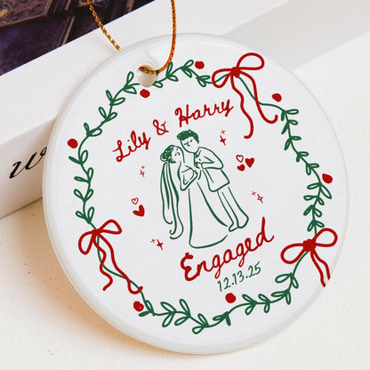2 Sided Ceramic Ornament, Our First Christmas Engaged, Personalized Engagement Gift for Couples