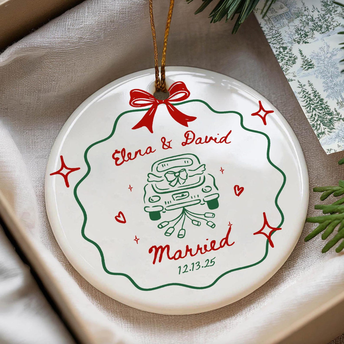 2 Sided Ceramic Ornament, Our First Christmas Engaged, Personalized Engagement Gift for Couples