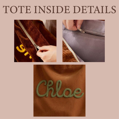 Custom Chenille Name Tote Bag, Personalized Corduroy Work Purse with Zipper