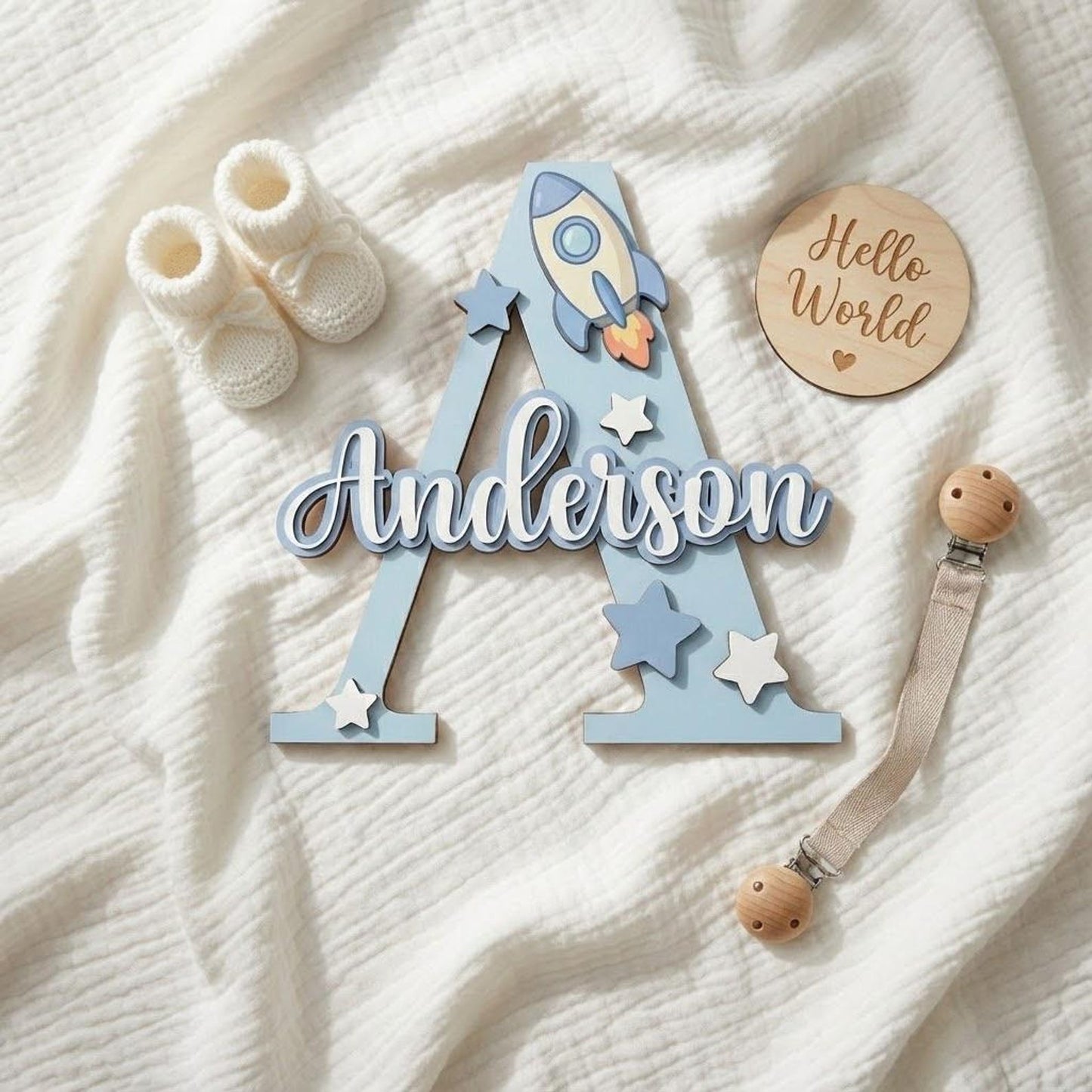 Personalized Wooden Name Sign with Initial and Cute Icons for Kids Room Decor