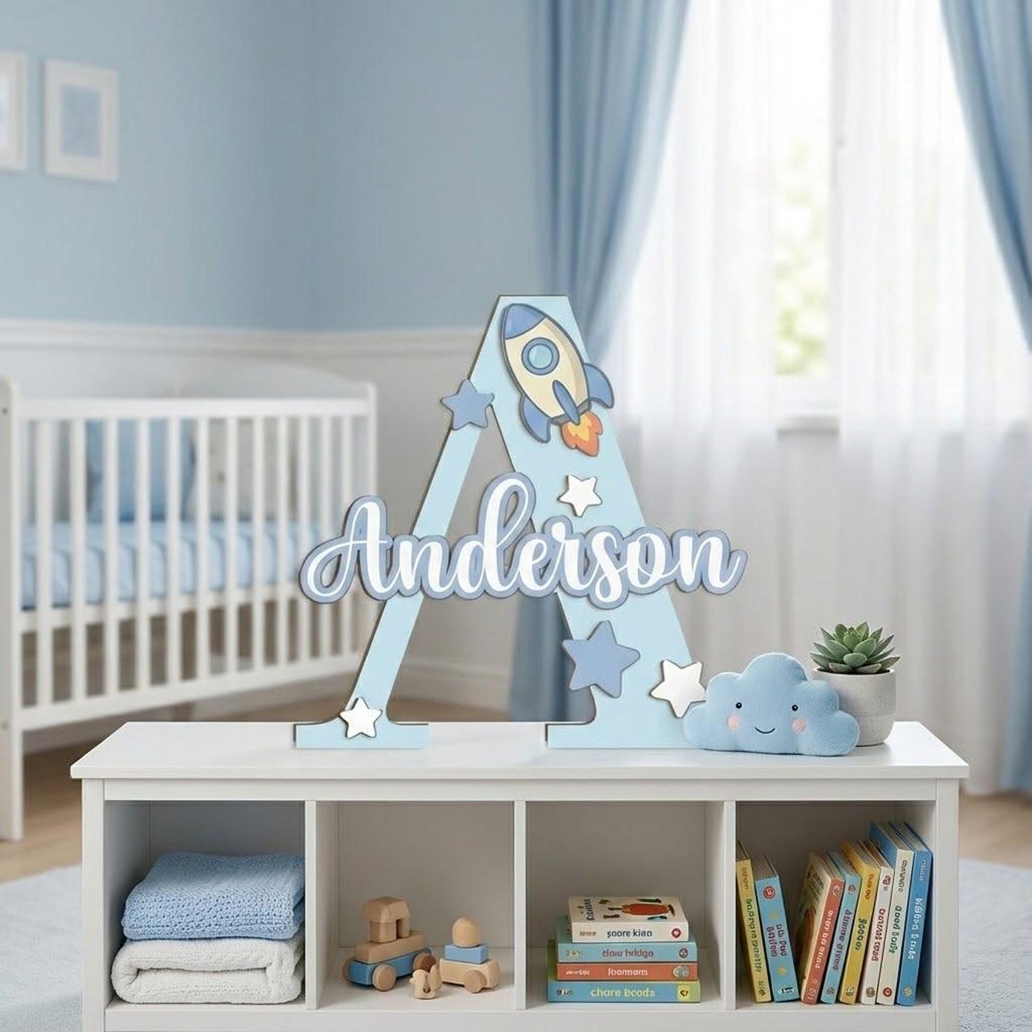 Personalized Wooden Name Sign with Initial and Cute Icons for Kids Room Decor