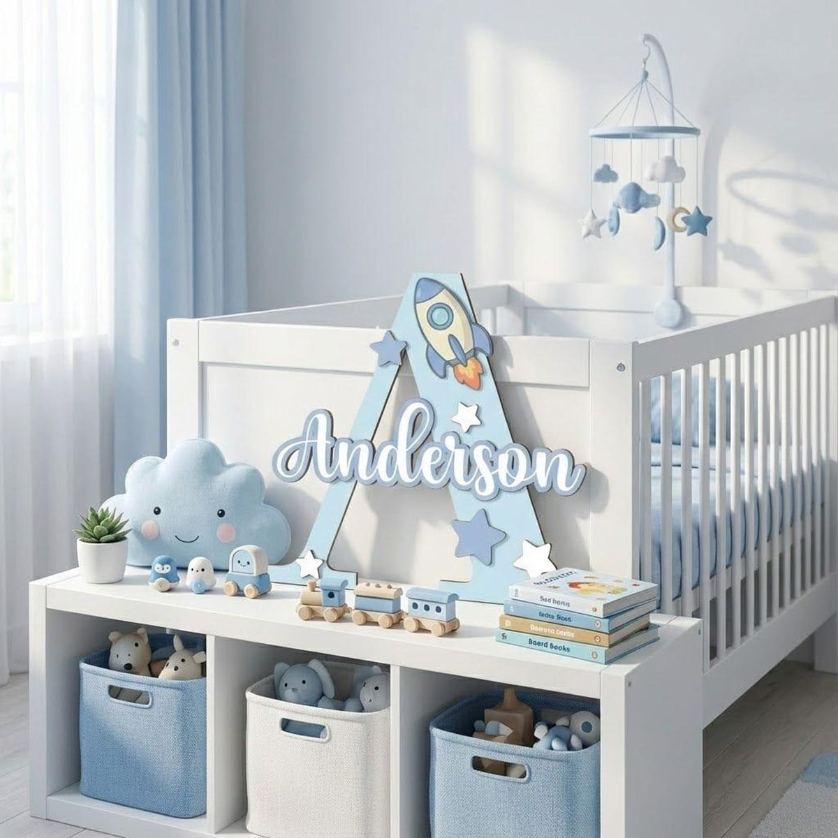 Personalized Wooden Name Sign with Initial and Cute Icons for Kids Room Decor