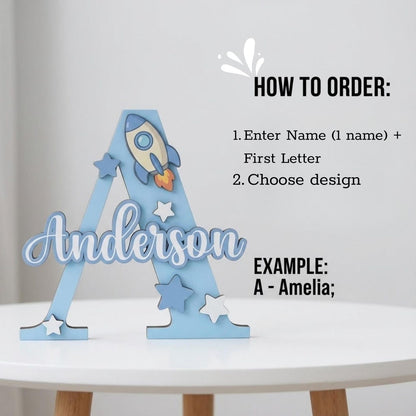 Personalized Wooden Name Sign with Initial and Cute Icons for Kids Room Decor