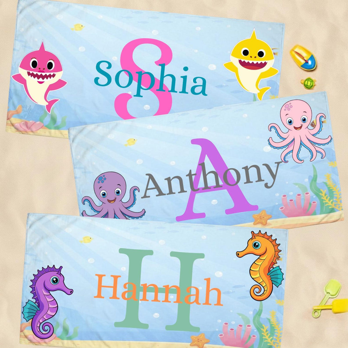 Personalized Kids Beach Towel With Name, Cute Ocean Animals Pool Towel