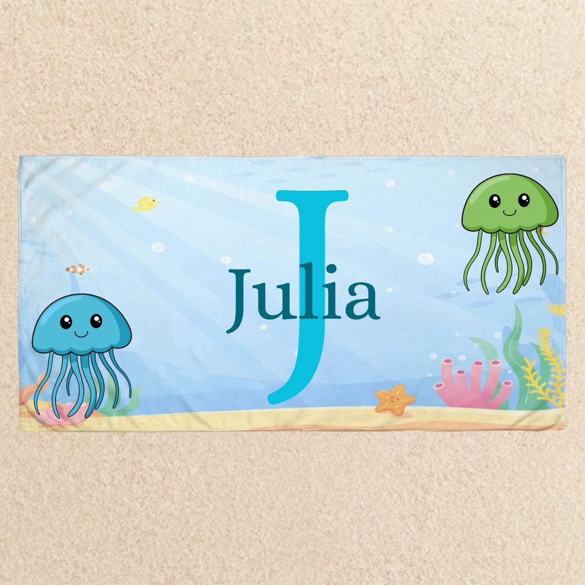 Personalized Kids Beach Towel With Name, Cute Ocean Animals Pool Towel