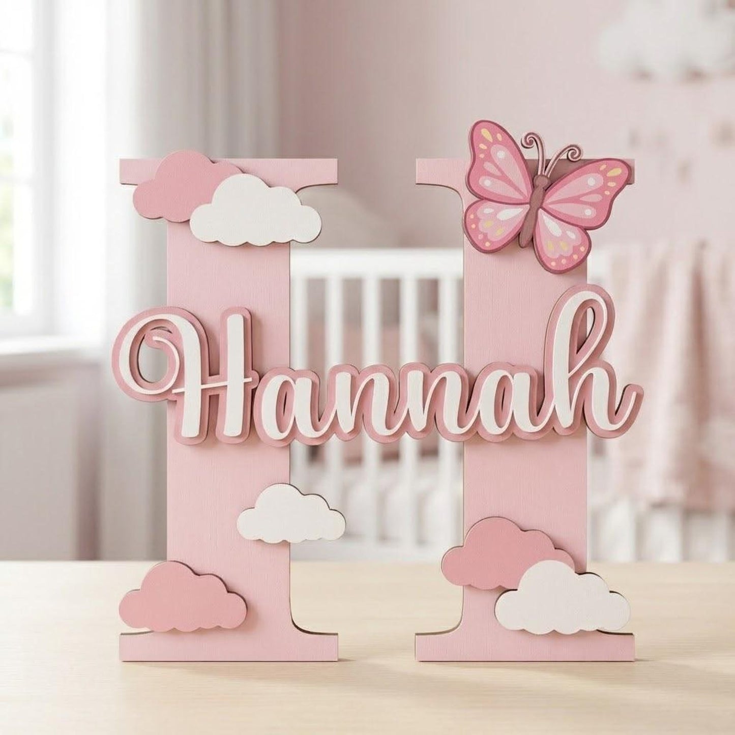 Personalized Wooden Name Sign with Initial and Cute Icons for Kids Room Decor