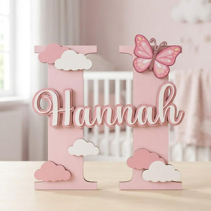 Personalized Wooden Name Sign with Initial and Cute Icons for Kids Room Decor