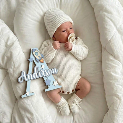 Personalized Wooden Name Sign with Initial and Cute Icons for Kids Room Decor