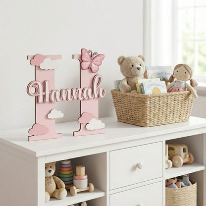 Personalized Wooden Name Sign with Initial and Cute Icons for Kids Room Decor