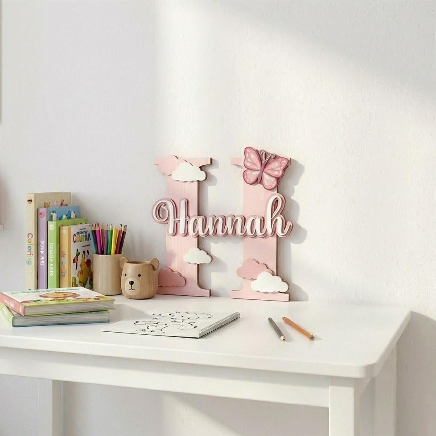 Personalized Wooden Name Sign with Initial and Cute Icons for Kids Room Decor