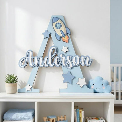 Personalized Wooden Name Sign with Initial and Cute Icons for Kids Room Decor