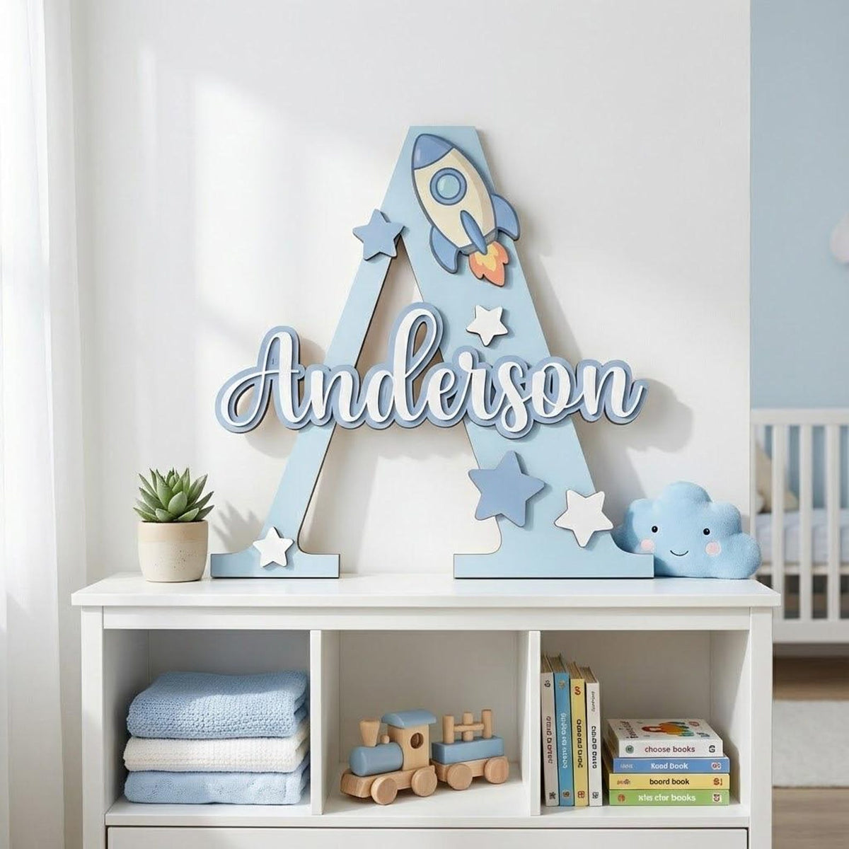 Personalized Wooden Name Sign with Initial and Cute Icons for Kids Room Decor