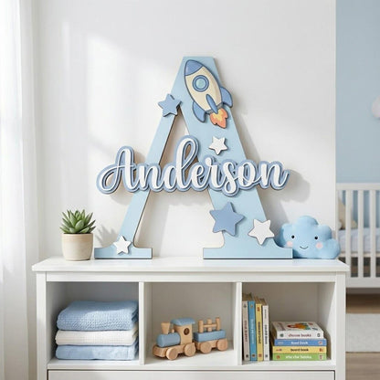 Personalized Wooden Name Sign with Initial and Cute Icons for Kids Room Decor
