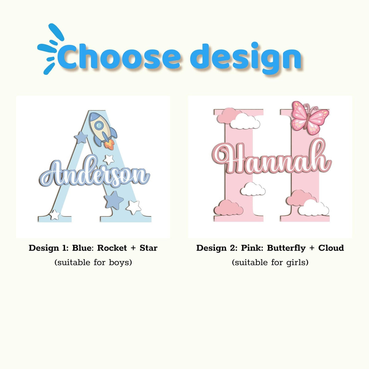 Personalized Wooden Name Sign with Initial and Cute Icons for Kids Room Decor