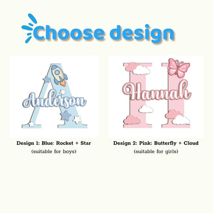 Personalized Wooden Name Sign with Initial and Cute Icons for Kids Room Decor
