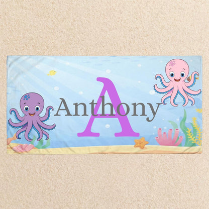 Personalized Kids Beach Towel With Name, Cute Ocean Animals Pool Towel