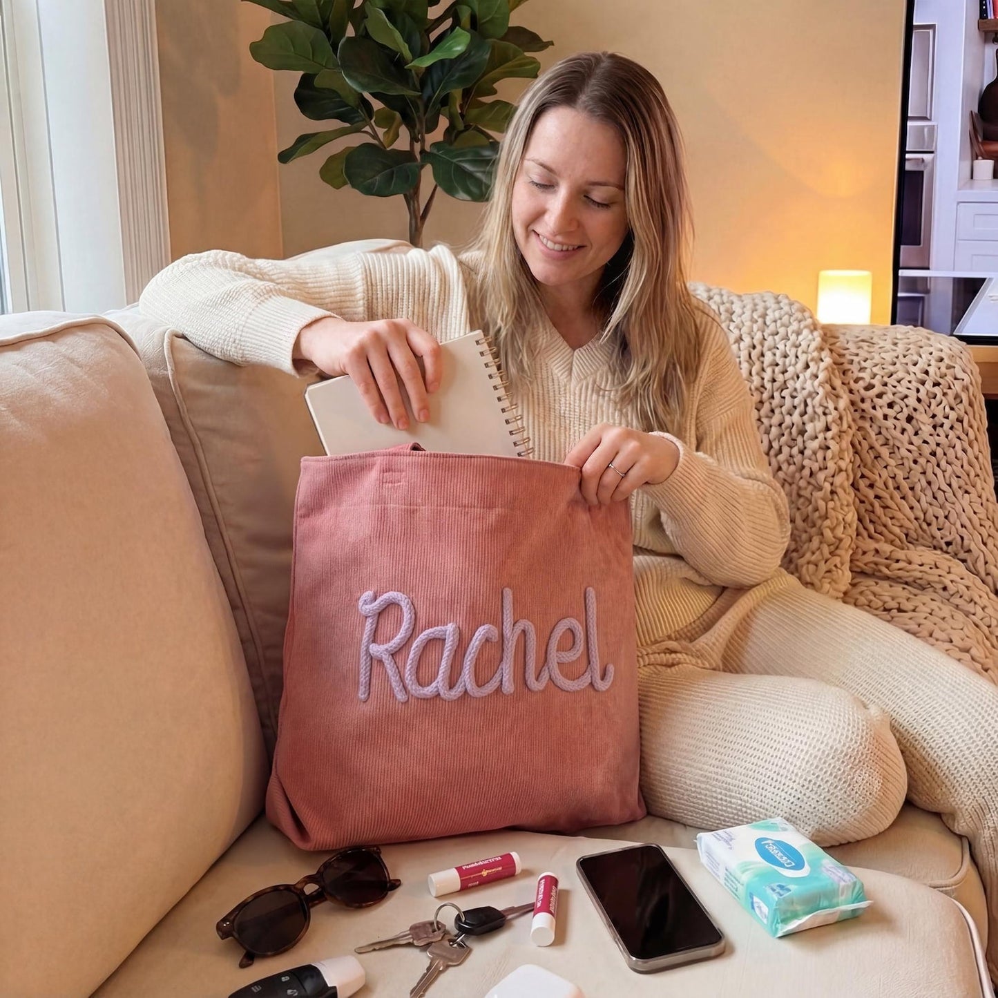 Custom Chenille Name Tote Bag, Personalized Corduroy Work Purse with Zipper