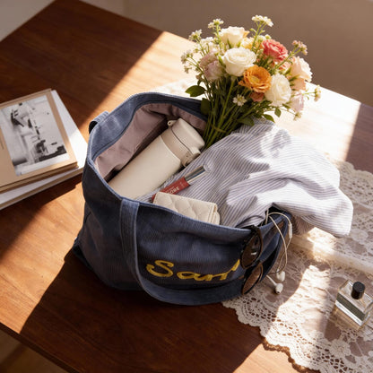 Custom Chenille Name Tote Bag, Personalized Corduroy Work Purse with Zipper