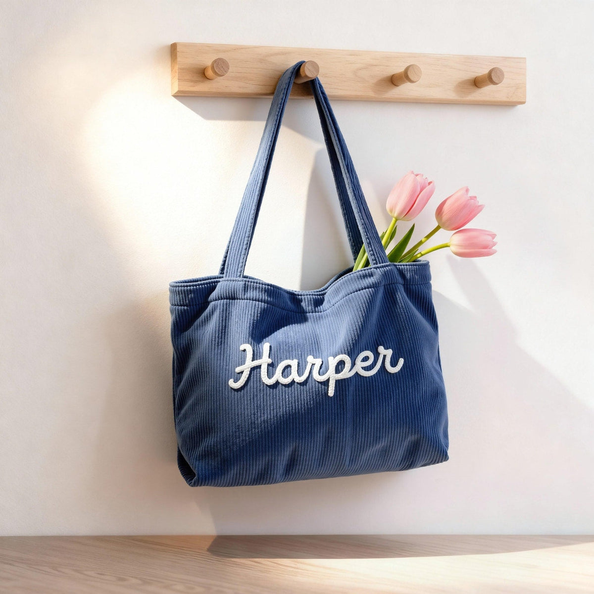Custom Chenille Name Tote Bag, Personalized Corduroy Work Purse with Zipper