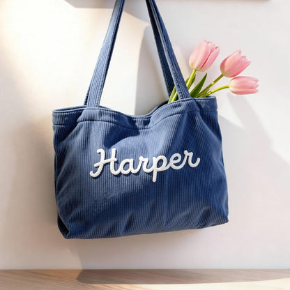Custom Chenille Name Tote Bag, Personalized Corduroy Work Purse with Zipper
