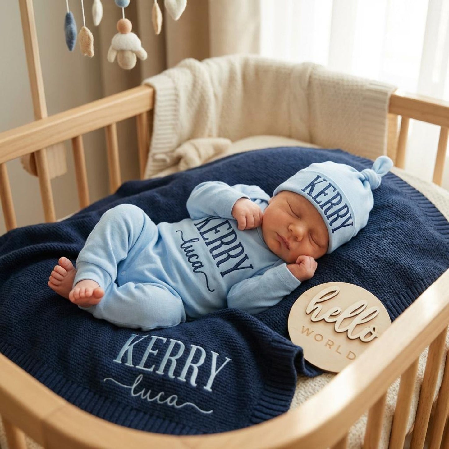 Personalized Embroidered Baby Outfit Set with Blanket, , Custom Newborn Romper and Hat