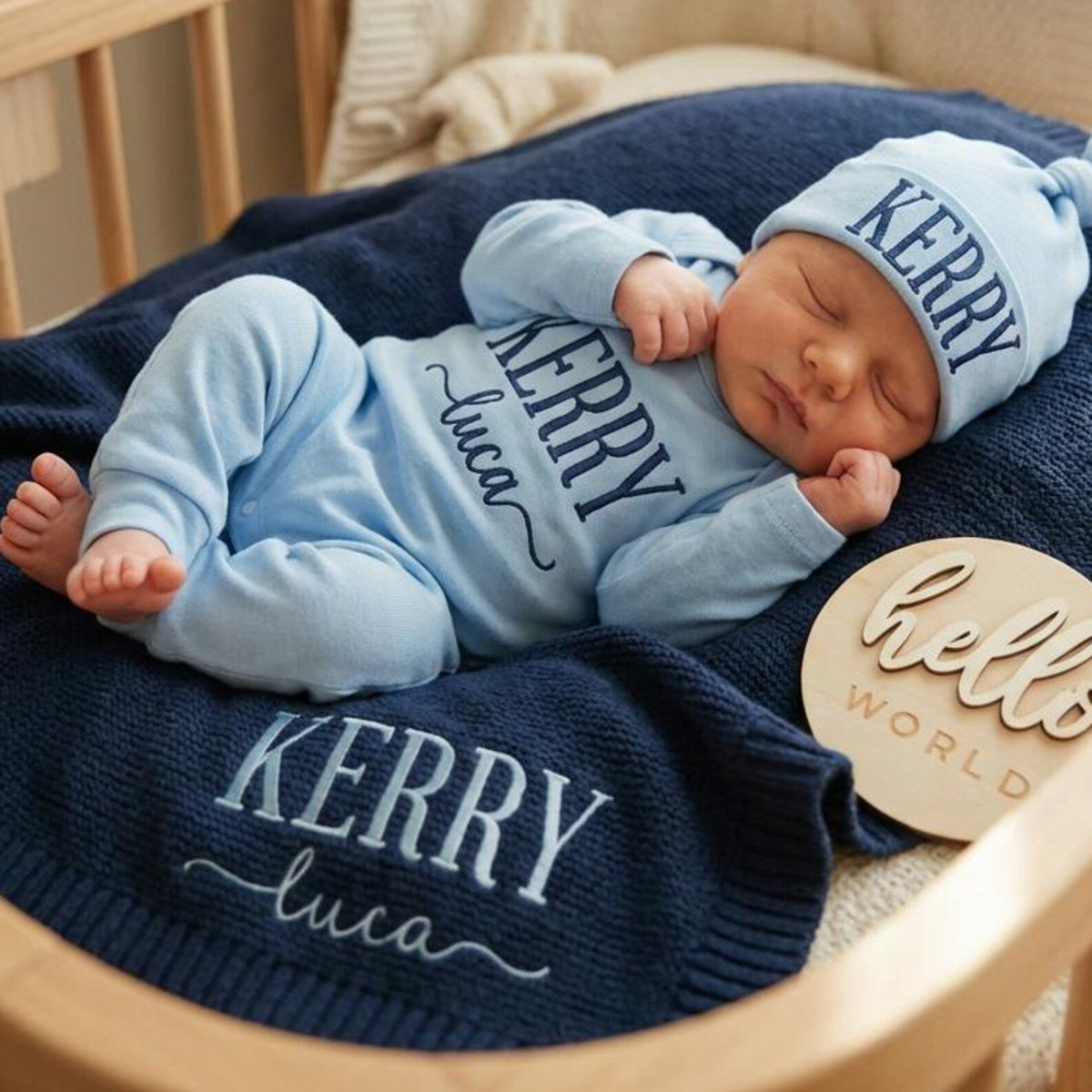Personalized Embroidered Baby Outfit Set with Blanket, , Custom Newborn Romper and Hat