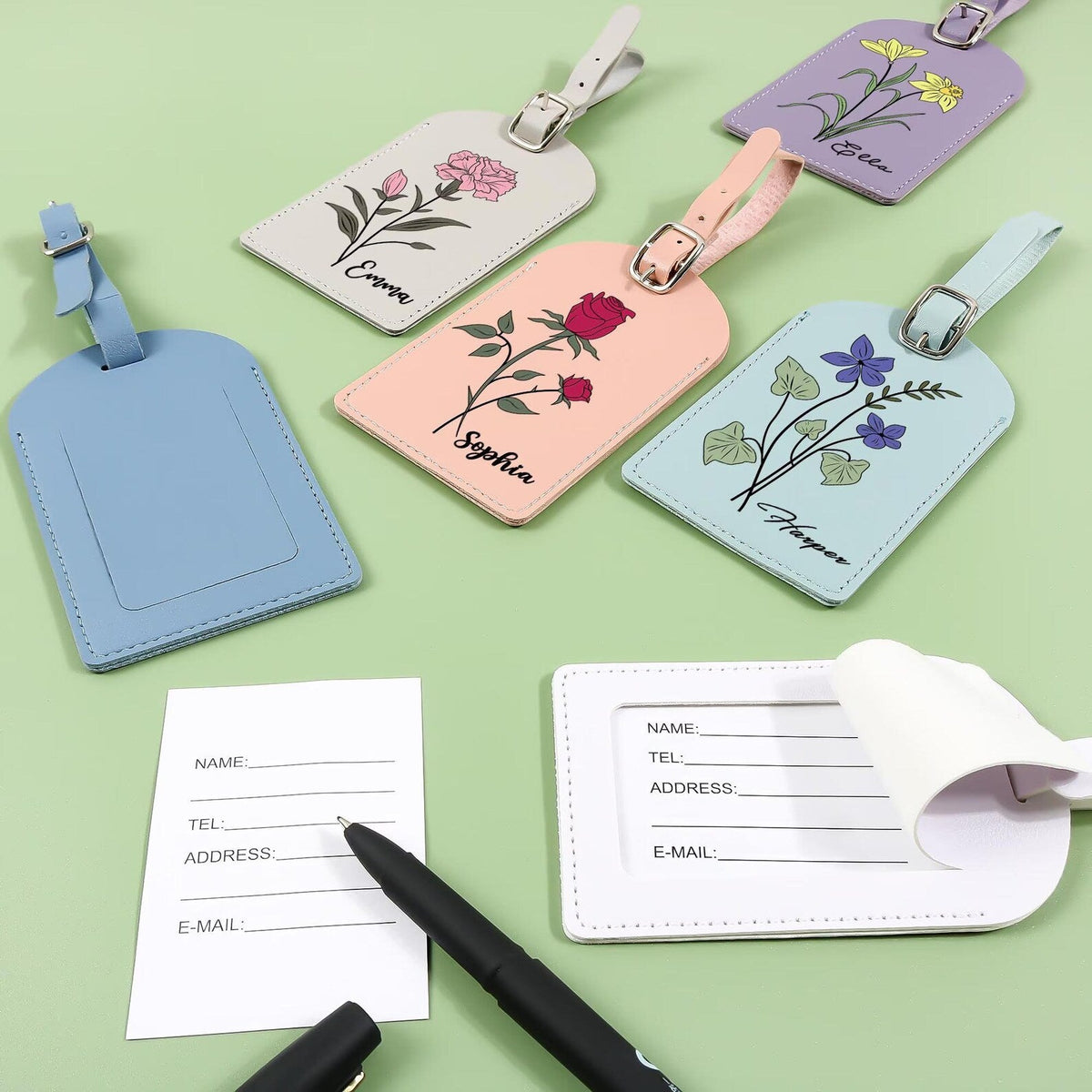 Personalized Vegan Leather Luggage Tag: Birth Flower Pattern