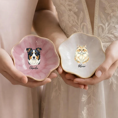 Personalized Pet Portrait Lotus Jewelry Dish, Custom Dog Portrait from Photo Ring Dish