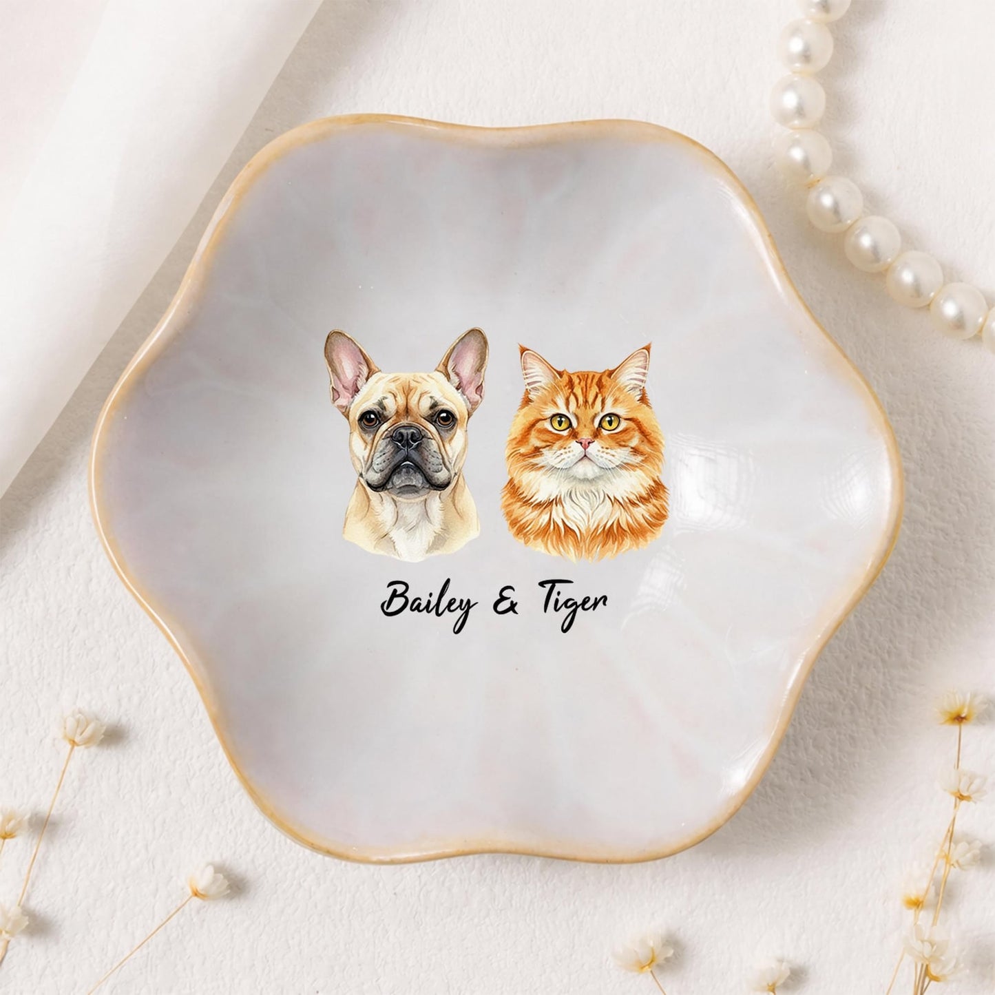 Personalized Pet Portrait Lotus Jewelry Dish, Custom Dog Portrait from Photo Ring Dish
