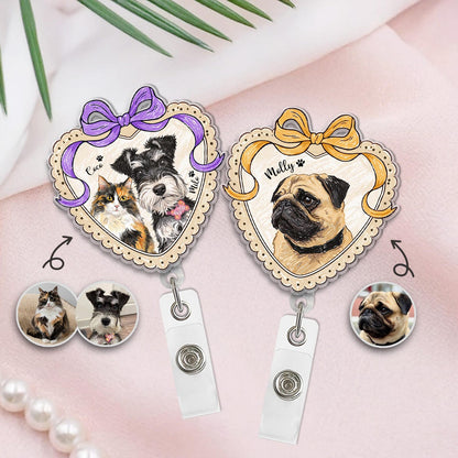 Custom Dog Portrait Badge Reel, Pet Portrait From Photo Gift, Pet Memorial Gift