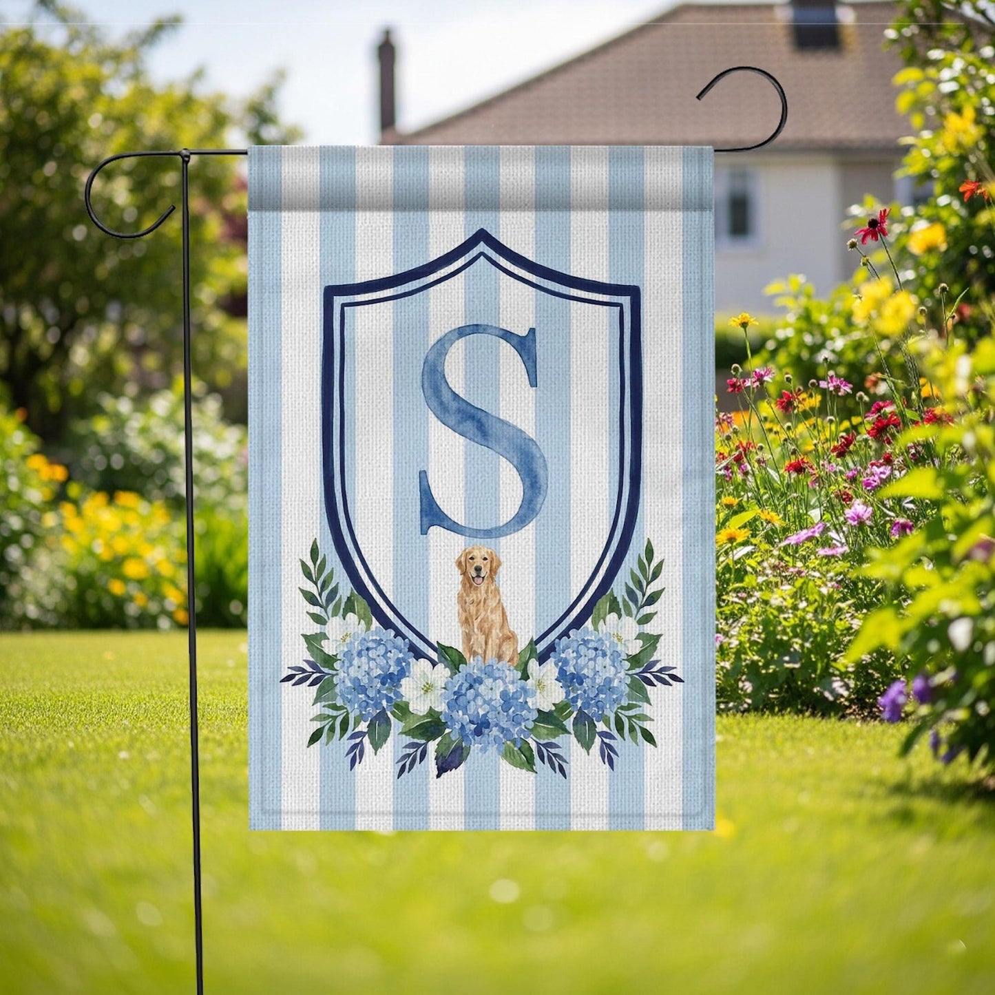 Custom Pet Portrait Garden Flag: Monogram Initial, Hydrangea Shield