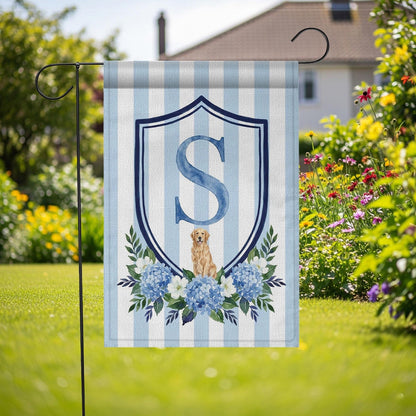 Custom Pet Portrait Garden Flag: Monogram Initial, Hydrangea Shield
