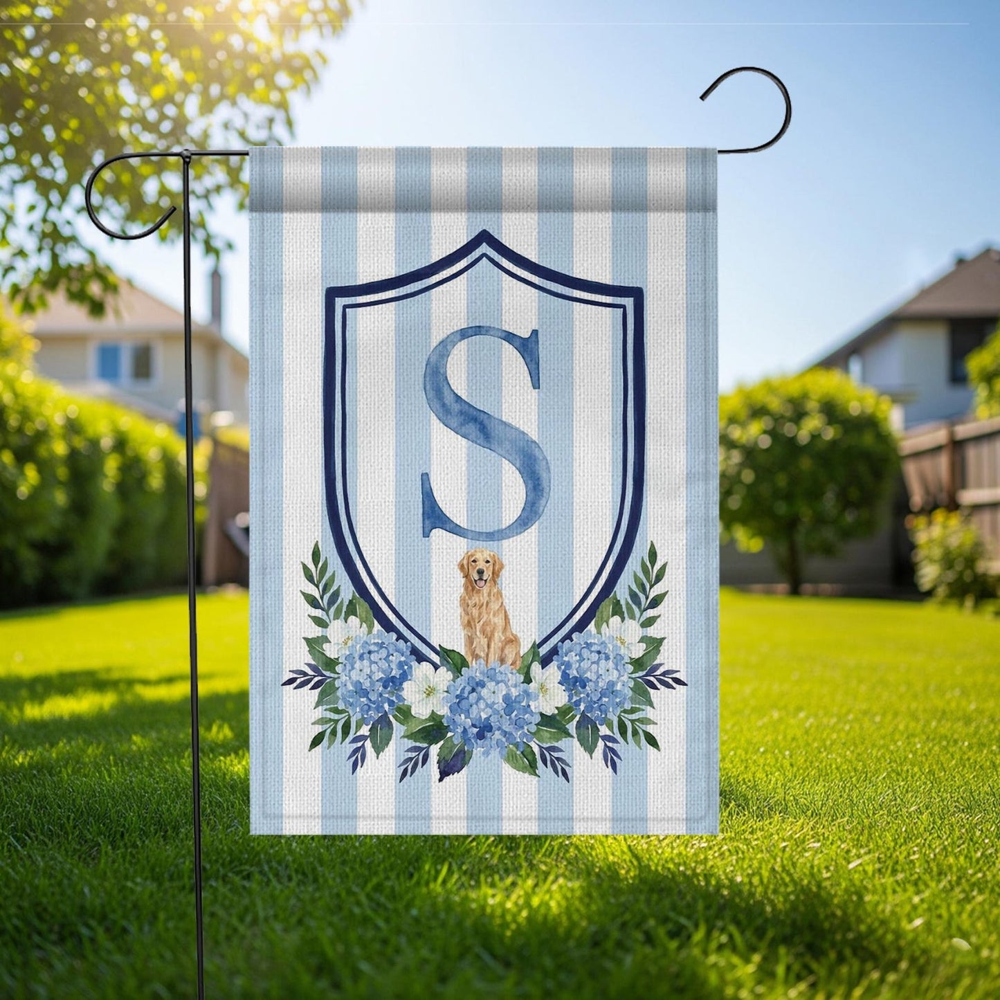 Custom Pet Portrait Garden Flag: Monogram Initial, Hydrangea Shield