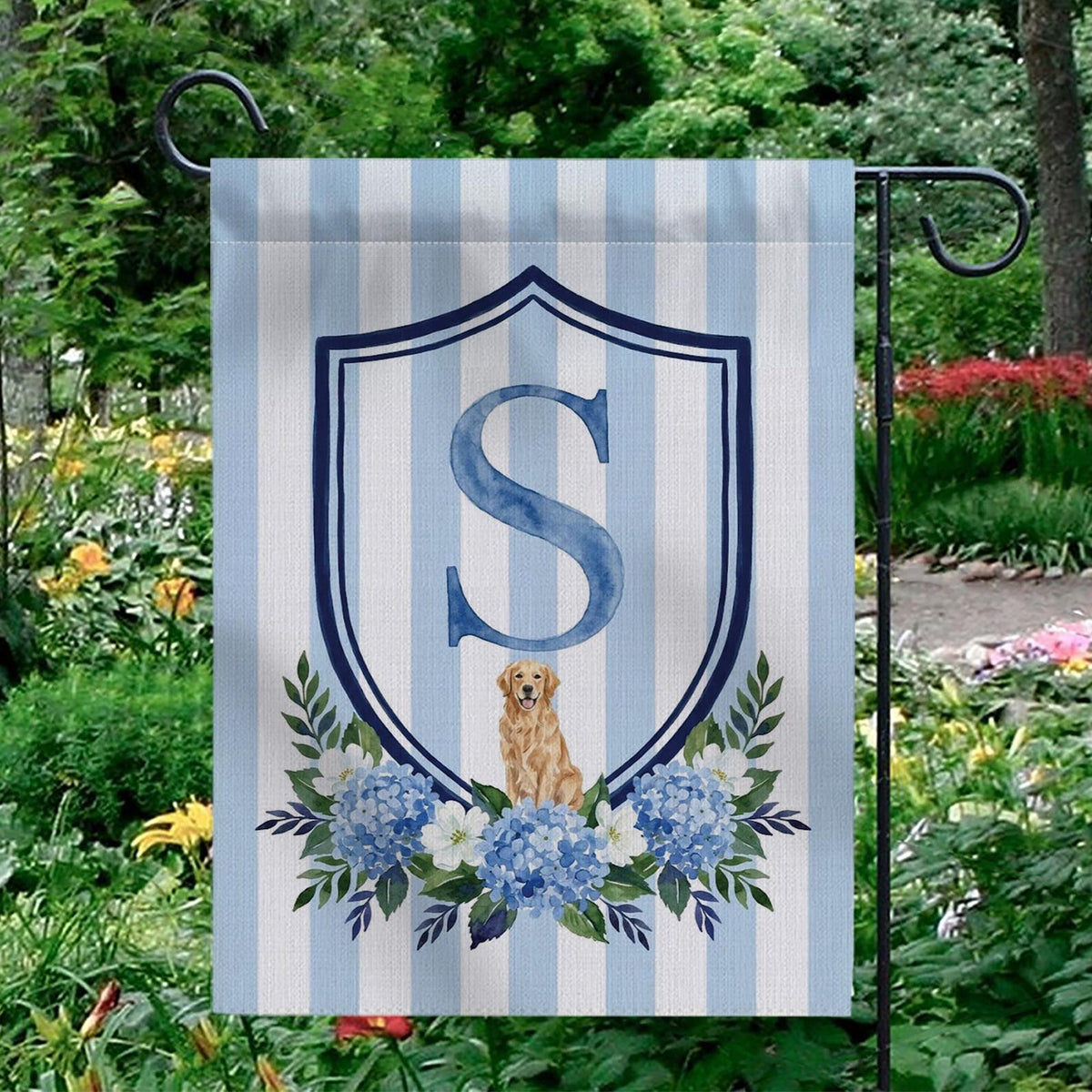 Custom Pet Portrait Garden Flag: Monogram Initial, Hydrangea Shield