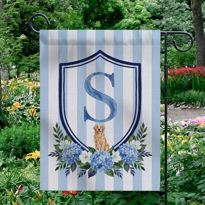 Custom Pet Portrait Garden Flag: Monogram Initial, Hydrangea Shield