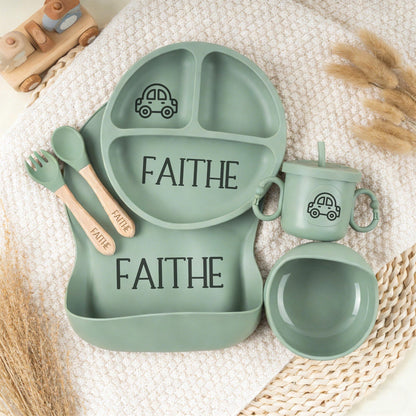 Engraved Silicone Baby Weaning Set, Custom Feeding Set with Name, Personalized Weaning Set