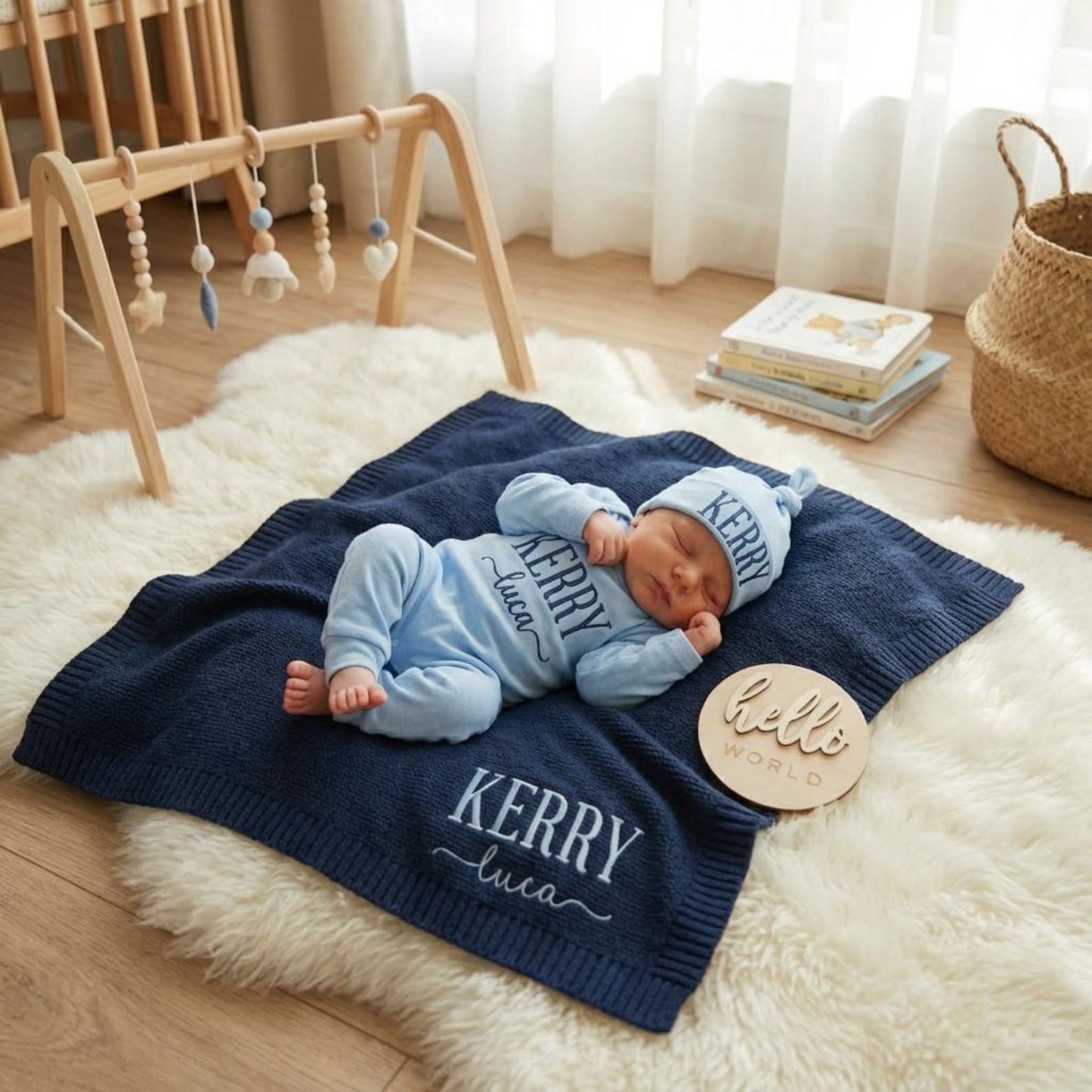 Personalized Embroidered Baby Outfit Set with Blanket, , Custom Newborn Romper and Hat