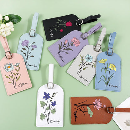 Personalized Vegan Leather Luggage Tag: Birth Flower Pattern