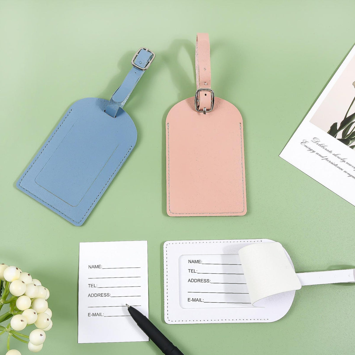 Personalized Vegan Leather Luggage Tag: Birth Flower Pattern