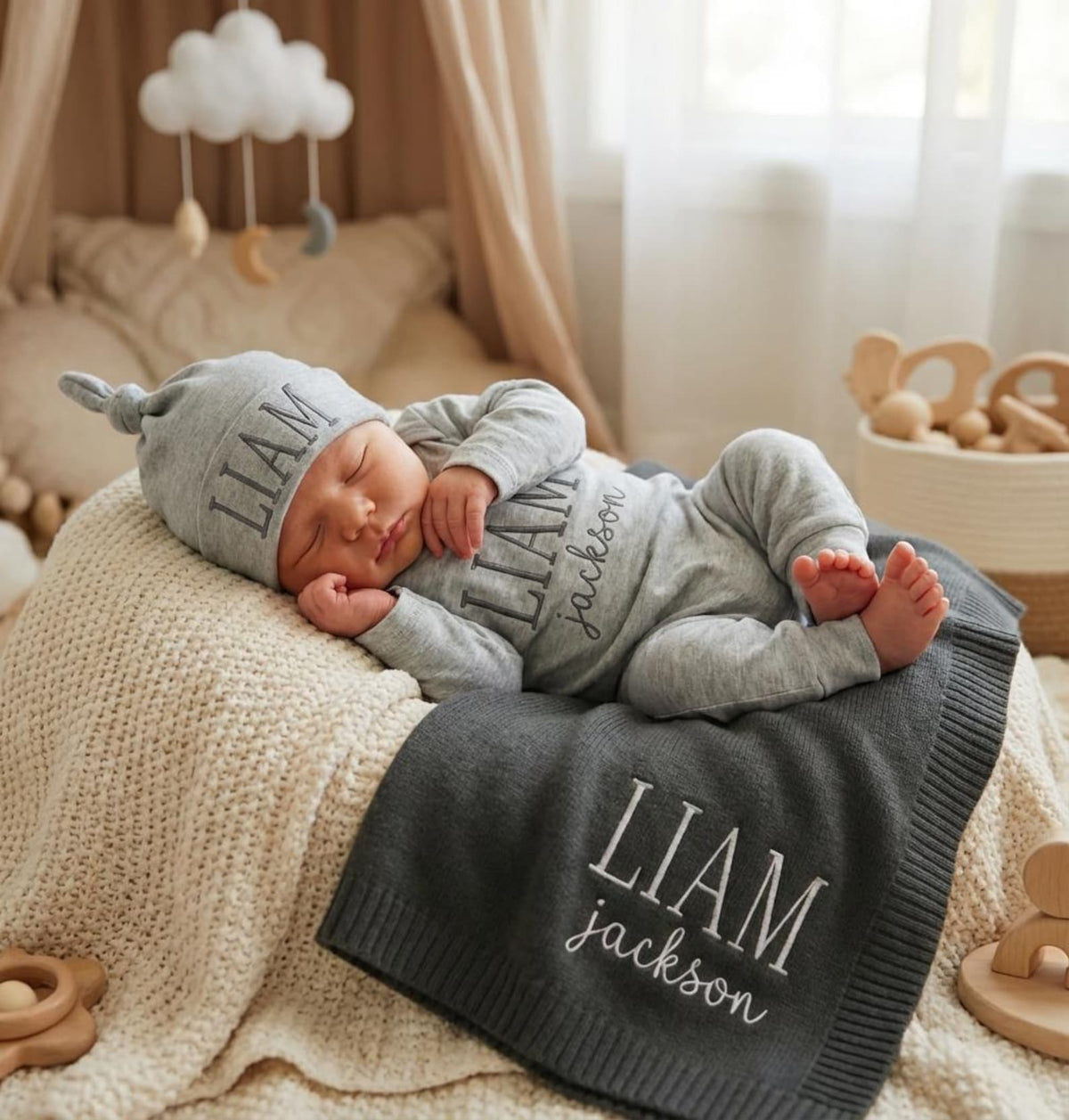 Embroidered Baby Name Outfit Set with Blanket, Personalized Newborn Romper and Hat