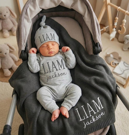Embroidered Baby Name Outfit Set with Blanket, Personalized Newborn Romper and Hat