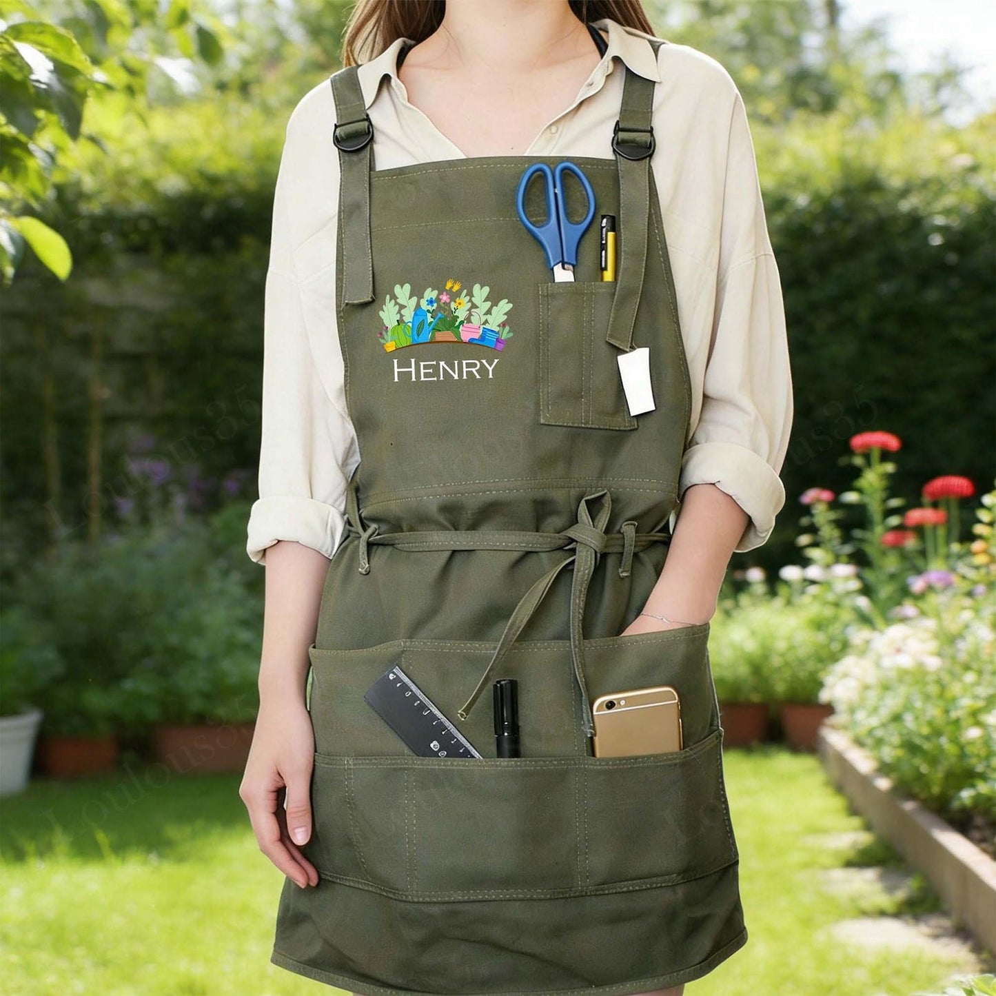 Custom Name Gardening Apron, Gardening Apron With Pockets, Outdoor Tool Apron