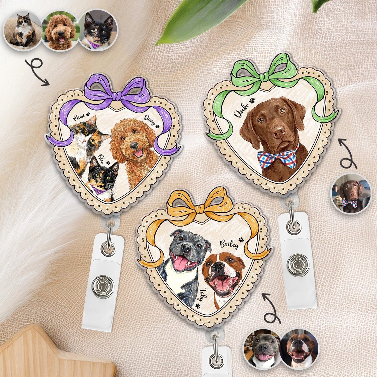 Custom Dog Portrait Badge Reel, Pet Portrait From Photo Gift, Pet Memorial Gift